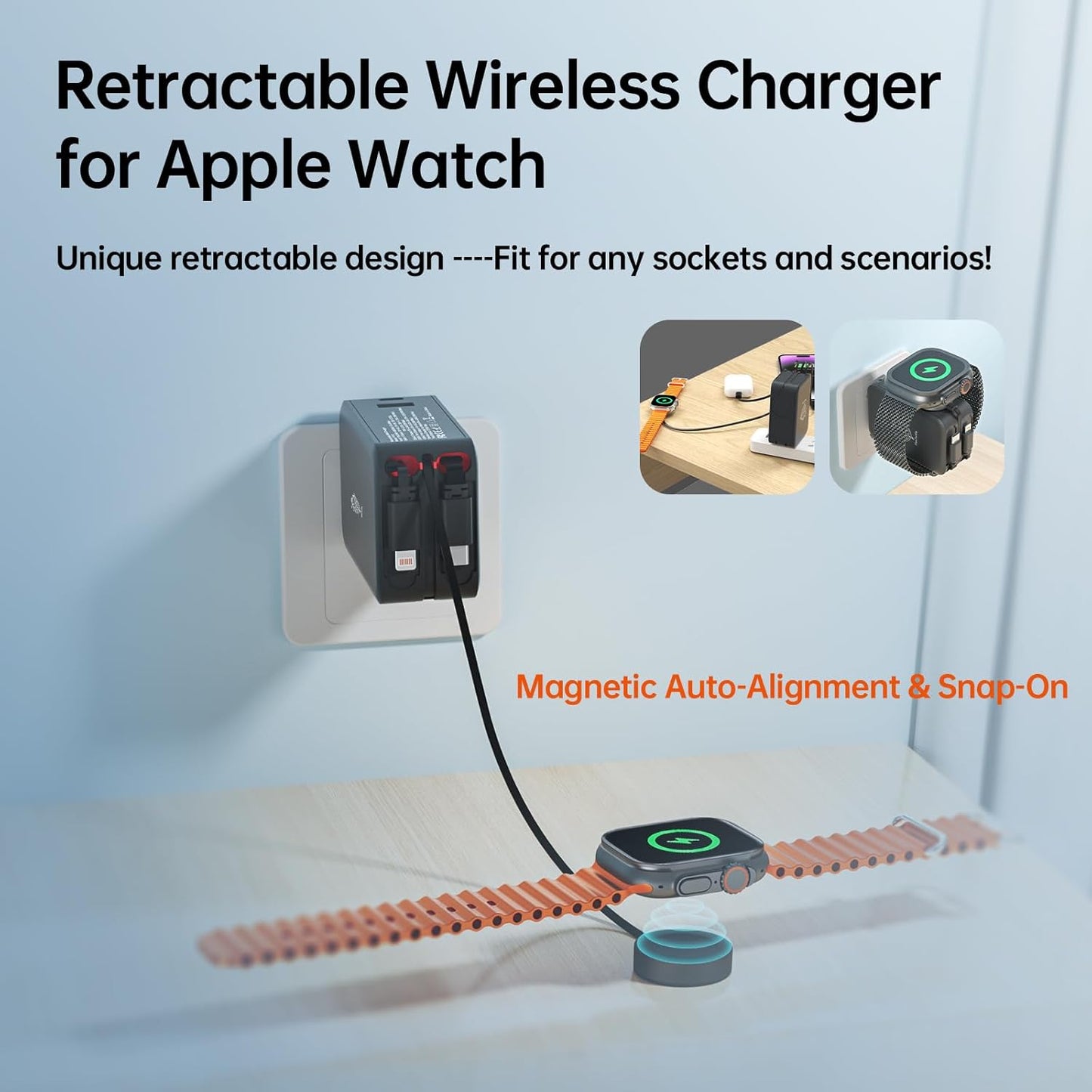 Apple Watch Charger Travel Essentials, 5 in 1 Travel Charging Station for Apple Devices, Retractable Wall Charger with 3*3.2ft Retractable Cables, Fast Charger Block for Apple Gear (Black)