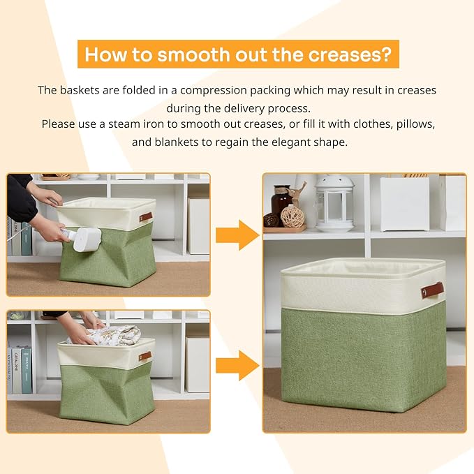 DULLEMELO Storage Baskets for Organizing, Linen Closet Organizers and Storage Baskets for Dog Toy Box, 13 Inch Decorative Cube Storage Bins with handle for Baby Gift Basket(4 Pack - 13" White&Green)