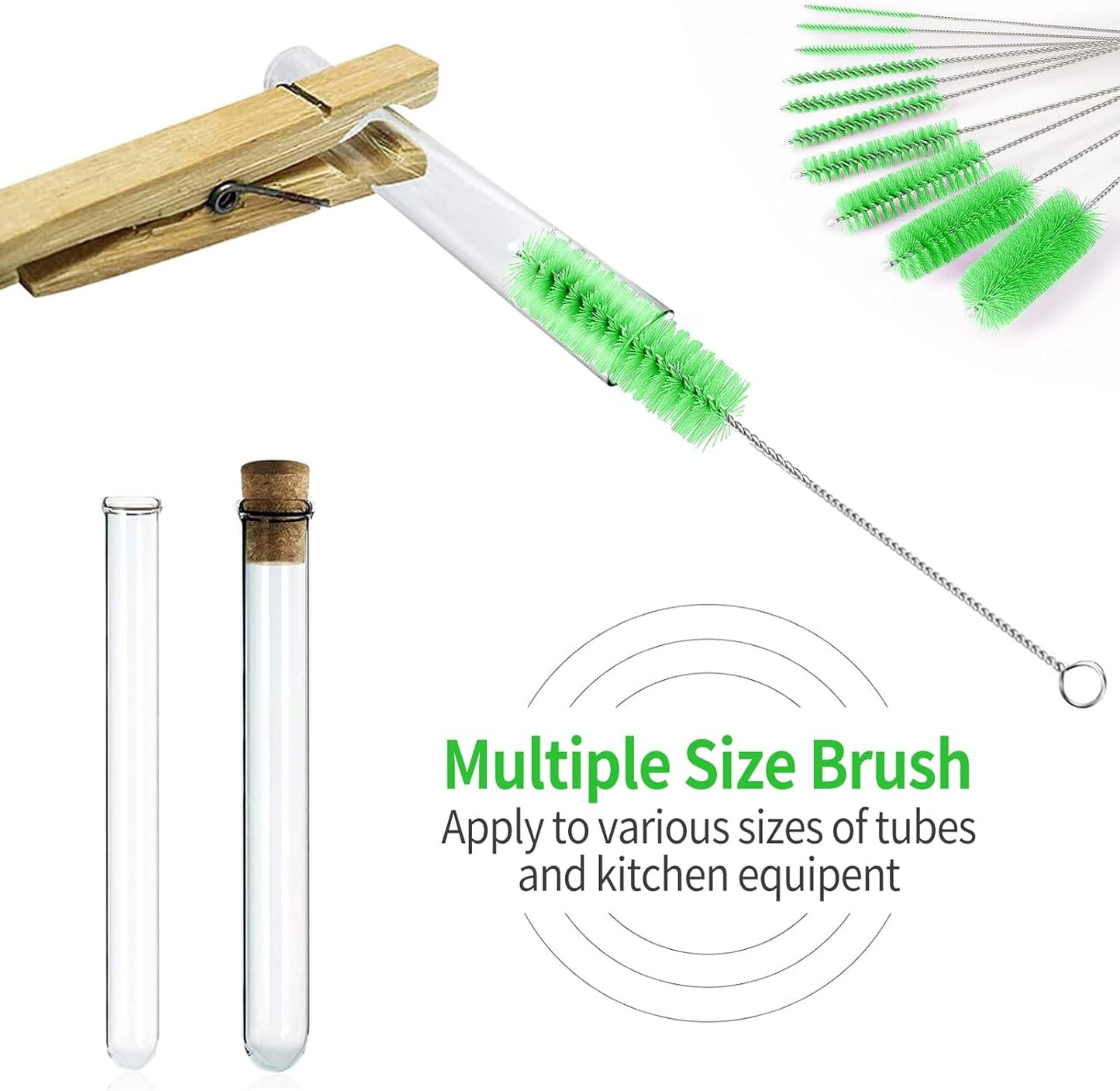 CiaraQ Bottle Cleaning Brushes, 8 Inch Nylon Tube Brush Set, Cleaner for Narrow Neck Bottles Cups with Hook, Set of 10pcs. Green