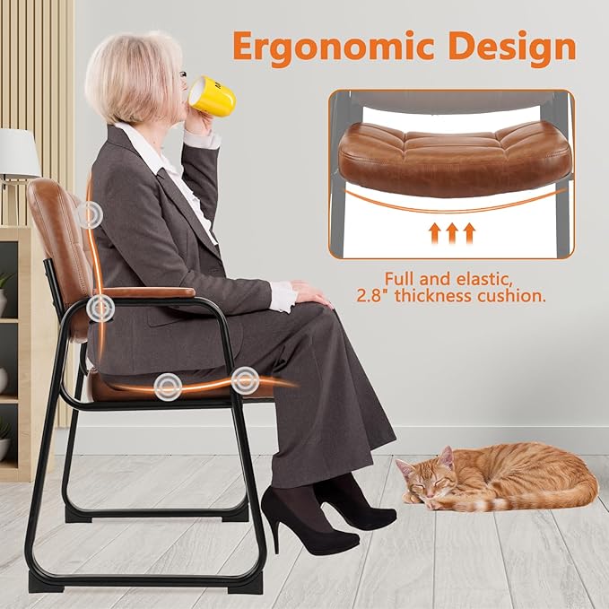 CLATINA Big & Tall 500 lbs Waiting Room Chairs with Padded Armrests and Sled Base, Leather Stationary No Wheels Office Guest Chair for Reception Lobby Home and Meeting Conference, Brown (2 Pack)