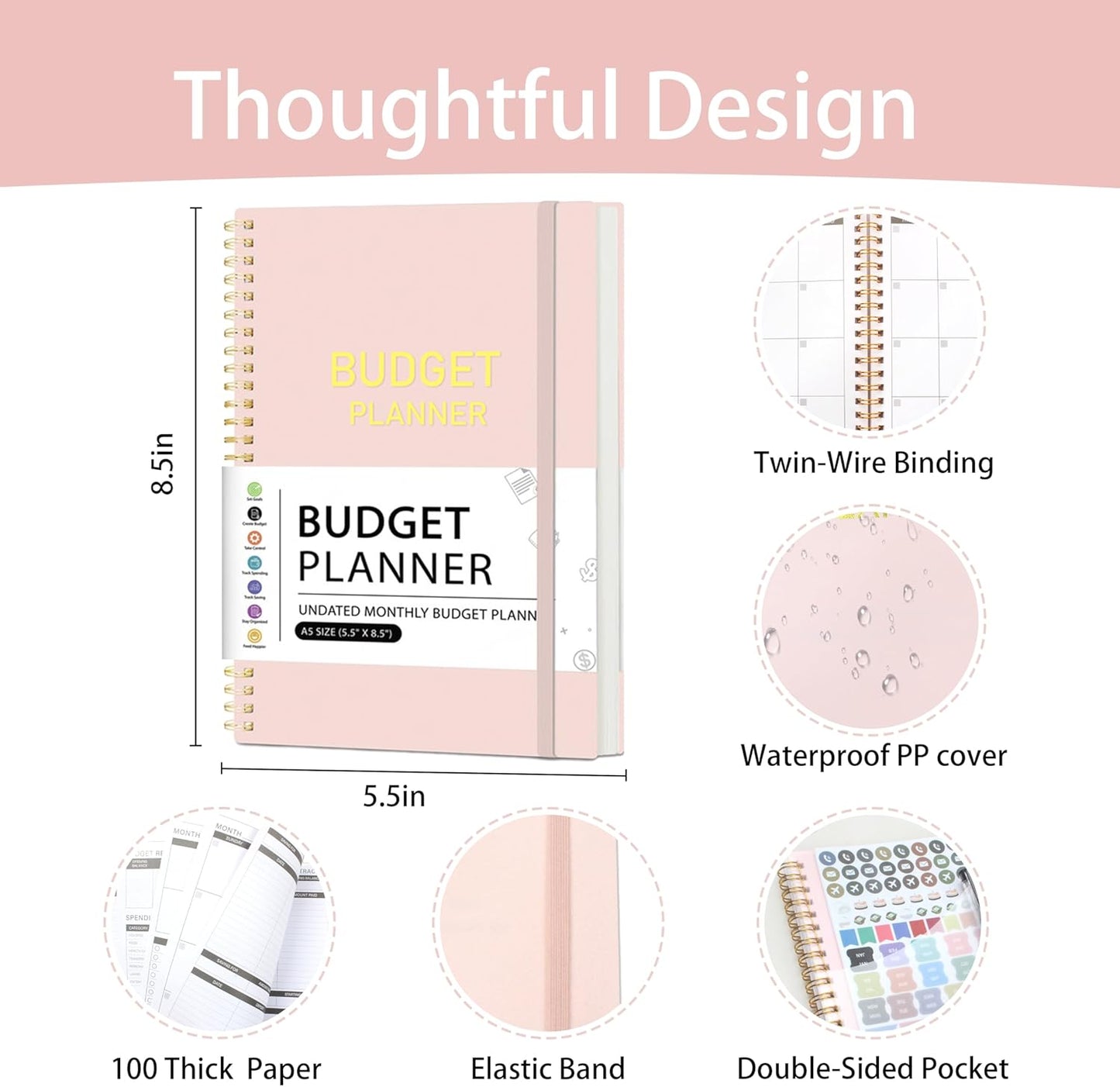 Budget Planner A5 Monthly Financial Organizer Planner with Expense Budget Book Expense Tracker Notebook Accounting Book to Manage Your Money Effectively, Start Anytime, 1 Year Use, Pink