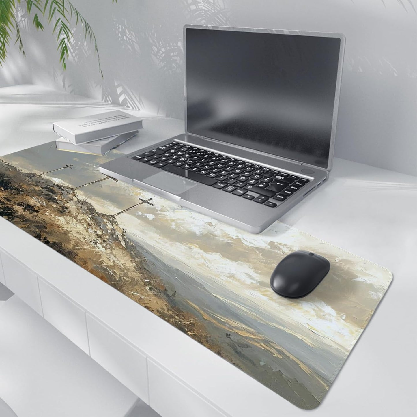 Christian Cross Easter Mouse Pad, Religious Themed Mouse Pad,He is Risen Jesus Desk Mat,Big Large Yellow Jesus Painting Decor Desk Mat,Religious Gifts Christian Gifts for Women,31.5x11.8