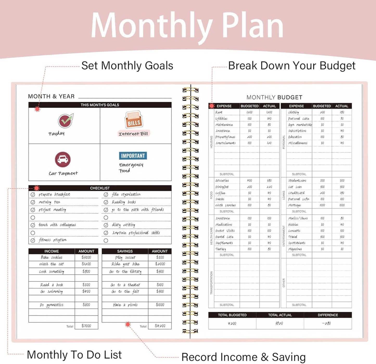 Budget Planner A5 Monthly Financial Organizer Planner with Expense Budget Book Expense Tracker Notebook Accounting Book to Manage Your Money Effectively, Start Anytime, 1 Year Use, Pink