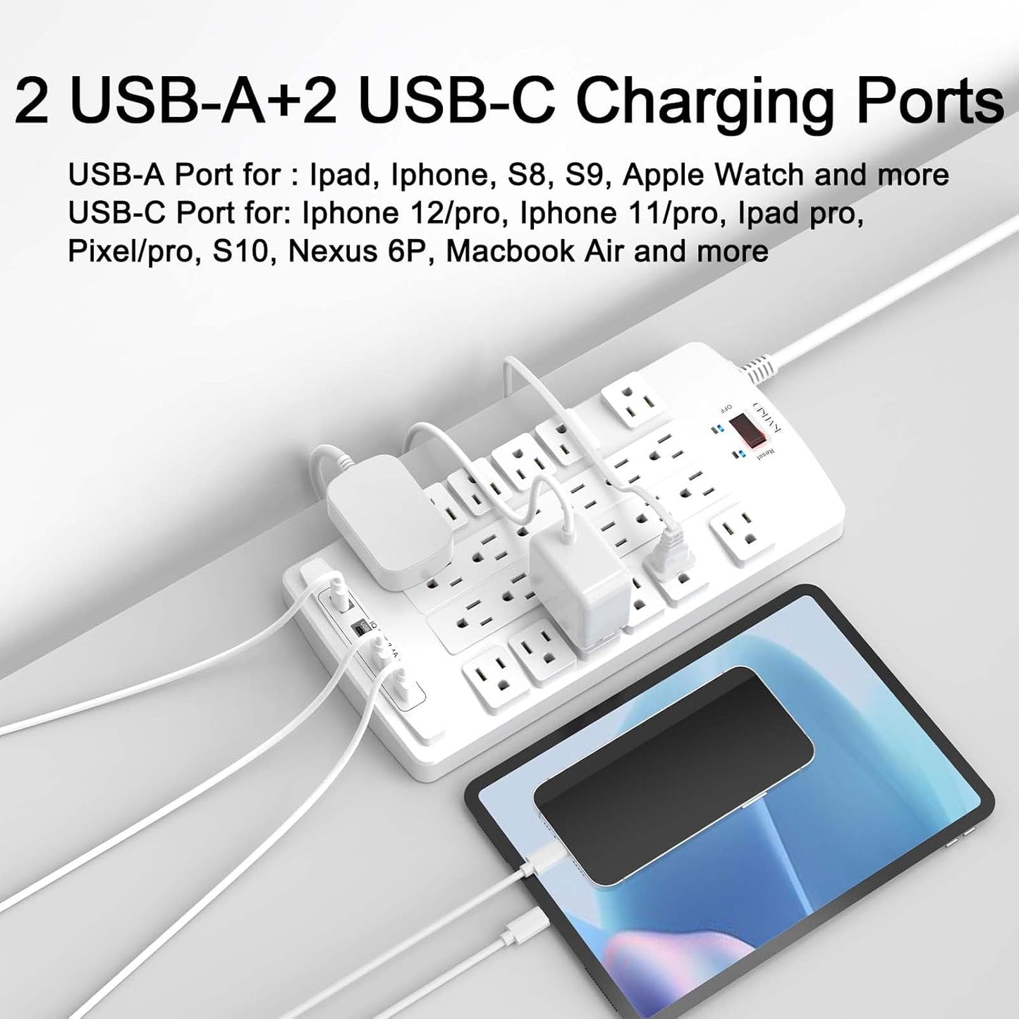 QINLIANF Surge Protector Power Strip - 10Ft Flat Plug Heavy Duty Extension Cord with 24 Outlets and 4 USB Ports(2 USB-C Ports), 1875W/15A, 4100J, for Home, Office, Dorm, ETL Listed, White