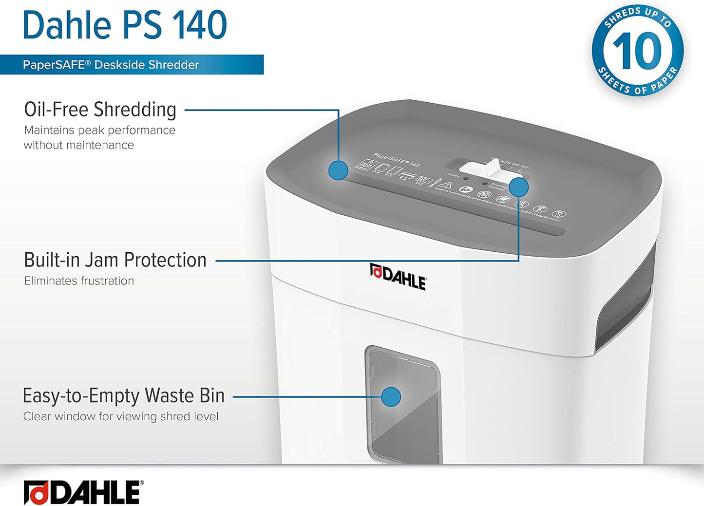 Dahle PaperSAFE PS 140 Paper Shredder, Oil Free, Jam Protection, Security Level P-4, 10 Sheet Max, Shreds Staples, Paper Clips & Credit Cards