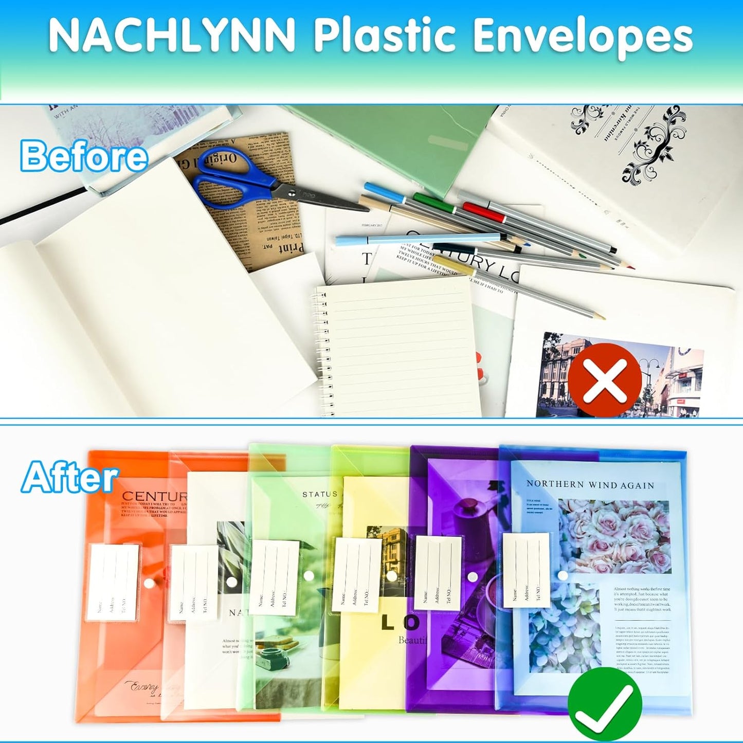 NACHLYNN 18 Pack Plastic Envelopes Plastic Folders with Snap Closure, 6 Colors A4 Size Clear File Envelopes with Label Documents Folders Organizers for Home Work Office Organization