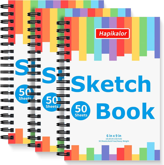 Drawing Pad for Kids, Sketch Pads 50 Sheets, 3-Pack Kids Travel Activities Spiral Bound Drawing Books Bulk 6" x 9 ", Drawing Paper for Kids 9-12