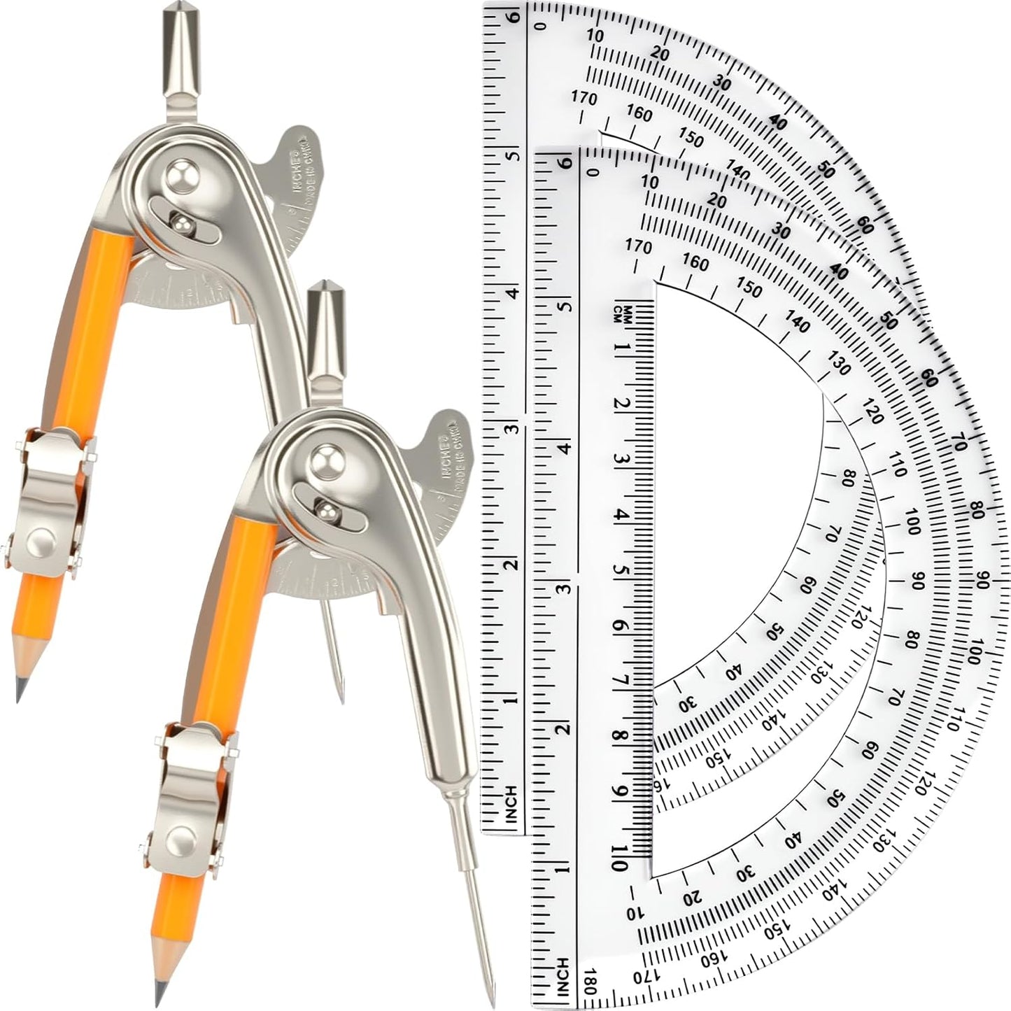 4 Pack Geometry Tool Set, Math Compass for Geometry and 6 Inch Protractor Set Include Metal Compass with Pencil and Clear Plastic Protractor for Student Classroom Office Woodworking Art Drawing