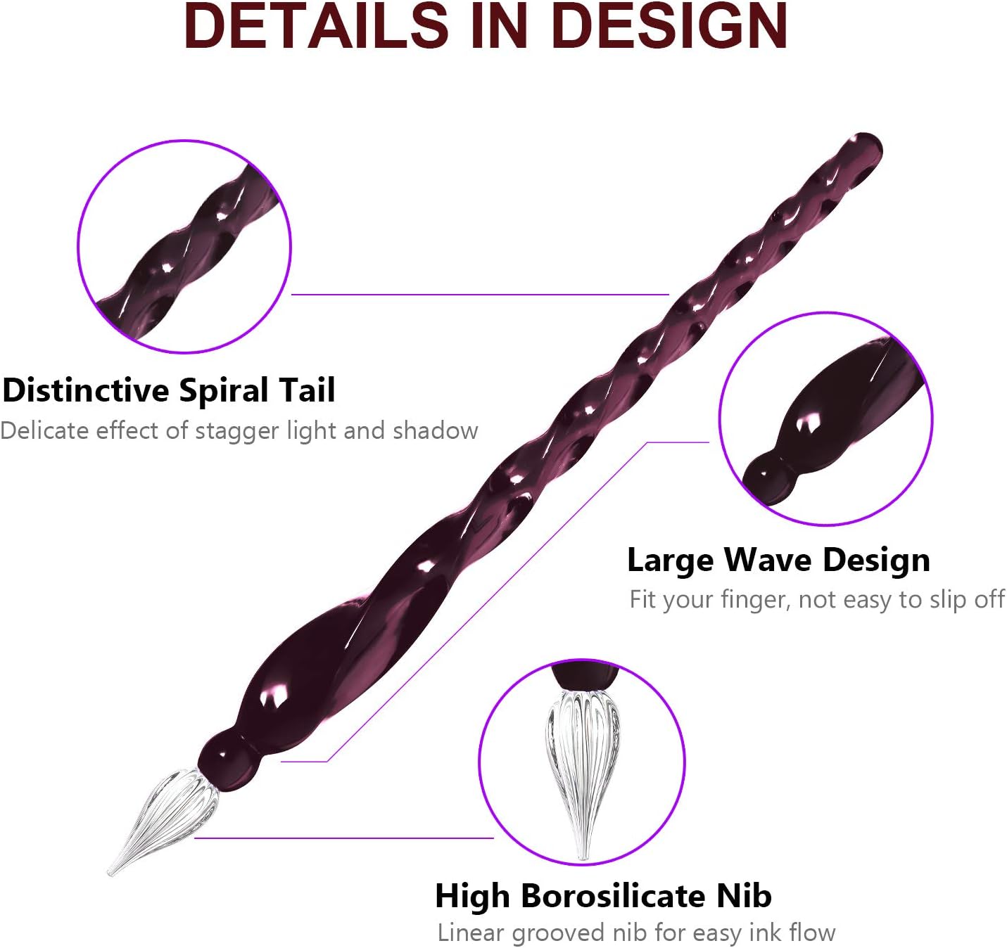 ESSSHOP Glass Pen Calligraphy Set - 3 Purple Crystal Dip Pens Color Ink and Pen Holder Art Supplies Kit for Signatures Beginners Journaling Lettering Drawing Holiday Gift Decoration