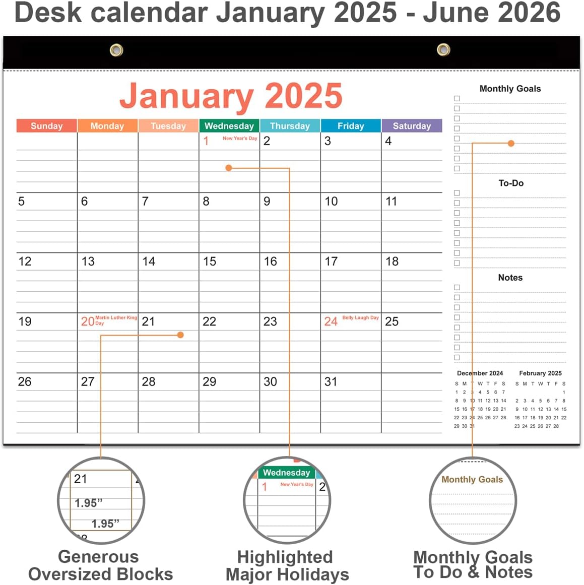 2025-2026 Desk Calendar - 18 Months Calendar from January 2025 to June 2026, Desk Calendar 2025-2026 with Thick Paper, 12" x 17", Colorful