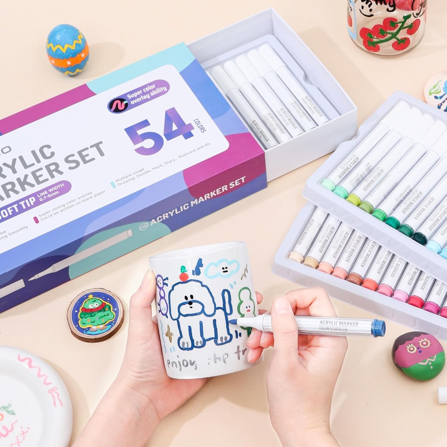 54 Colors Acrylic Paint Markers Set, Soft Brush Tip Acrylic Paint Pens Acrylic Markers for Rock, Egg, Wood, Glass, Canvas Painting, Coloring and Drawing, DIY Crafts Art Supplies
