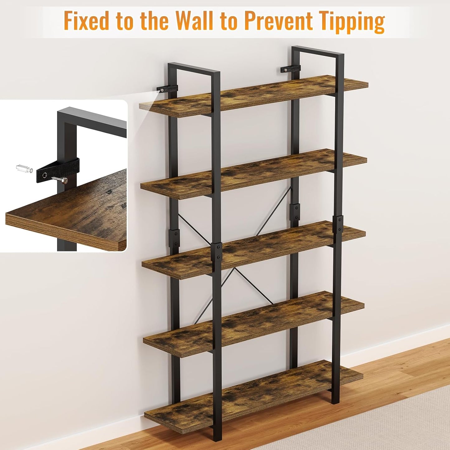 FRAPOW 5 Tier Bookshelf, 70 inch Tall Solid Bookcase Industrial Wooden Bookshelves Large Wall Etagere Rustic Vintage Book Shelf with Metal Frame Open Storage Rack for Living Room Home Office