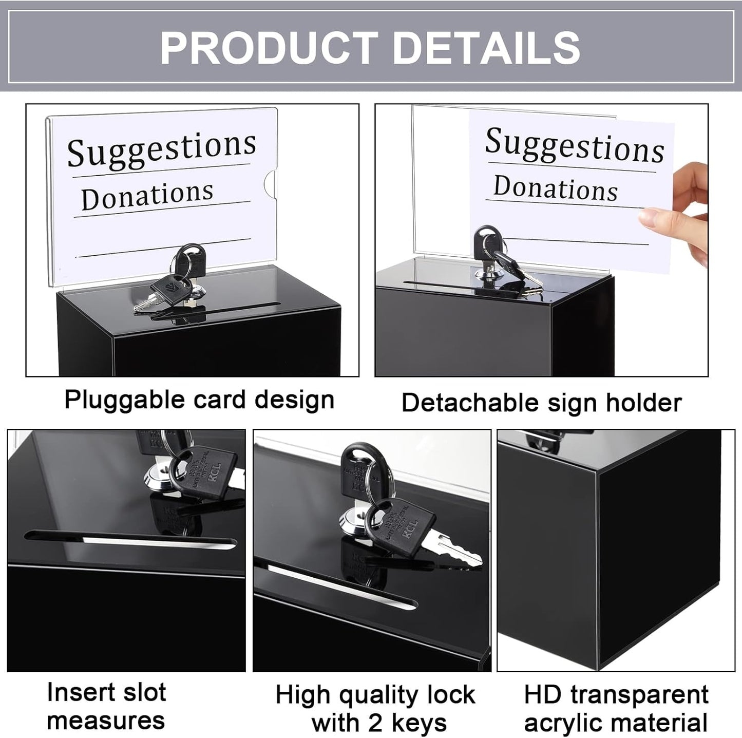8 Packs Acrylic Donation Box with Lock and Sign Holder Clear Suggestion Ballot Box Plastic Voting Comment for Tip Jars Ticket Charity Survey Raffle Contest Fundraising, 6.1 x 4.3 x 3.8 Inch(Black)