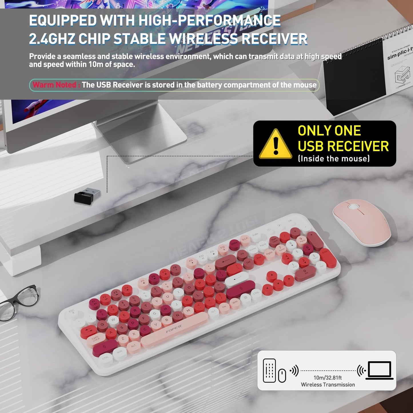 FOPETT 2.4GHz Wireless Keyboard and Mouse Set with Switch Button - Full-Size Keyboard - Compatible for Windows/Laptop/PC/Notebook/Smart TV and More - White Colorful