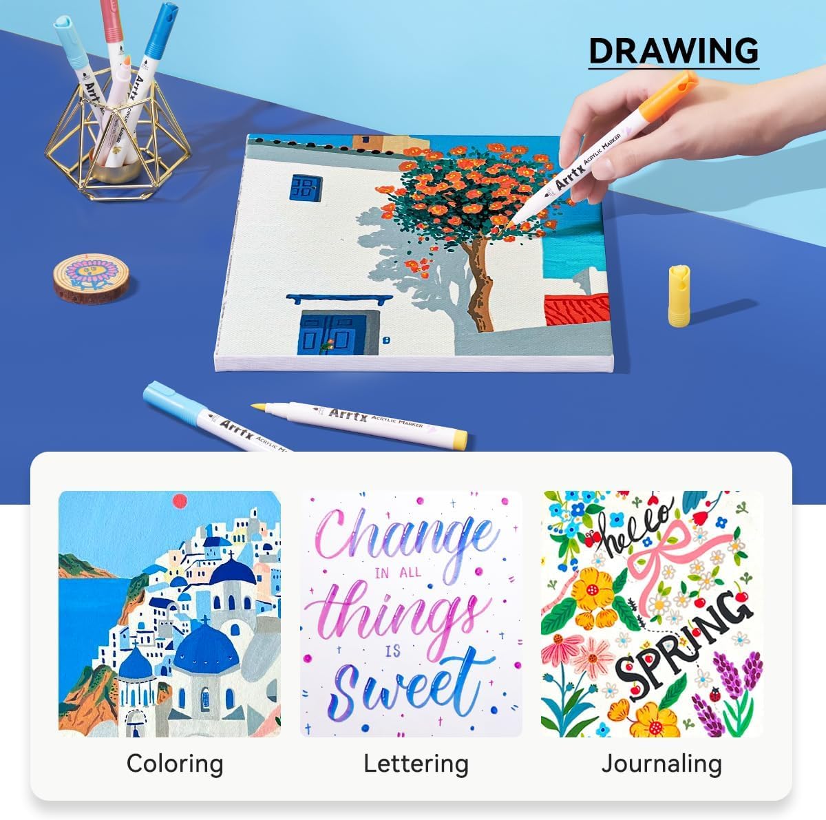 Arrtx 60 Colors Acrylic Paint Pens, Markers Paint Pens, Brush Tip for Rock Painting, Wood, Canvas, Stone, Ceramic, DIY Crafts Making Art Supplies-with Neon & Metallic & Regular Color-60A