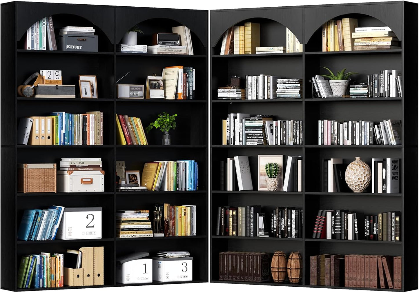 70.8’’ Tall Bookshelf and Bookcase of 2 pcs, 7-Tier Double Wide Bookcase Modern Large Open Display Shelves with Curved Baffle for Home Office Living Room (Black-2pcs)