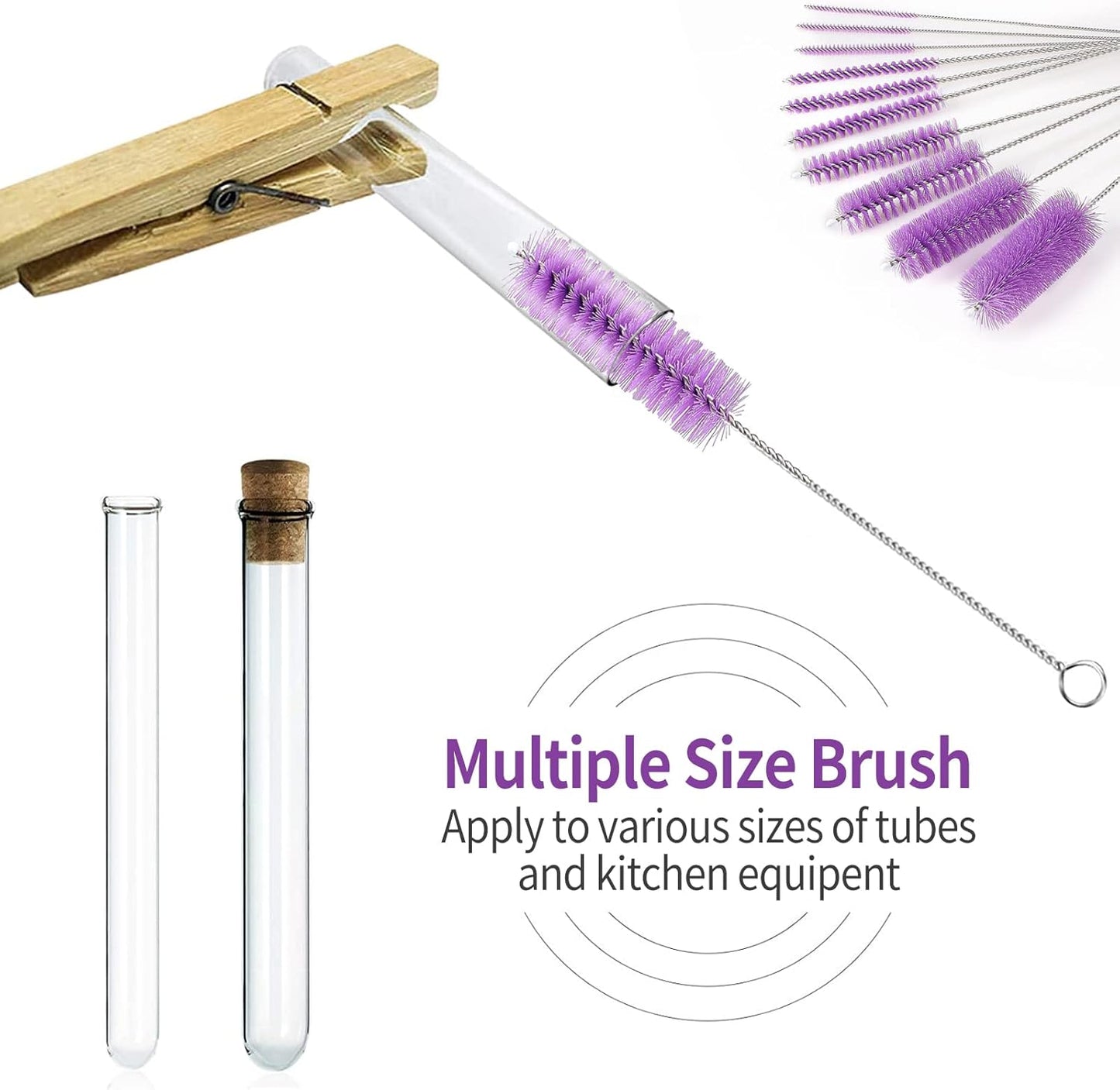 CiaraQ Bottle Cleaning Brushes, 8 Inch Nylon Tube Brush Set, Cleaner for Narrow Neck Bottles Cups with Hook, Set of 10pcs. Purple