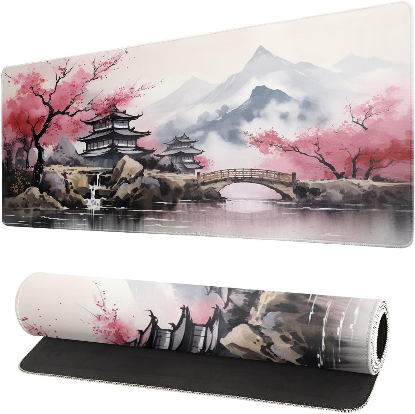 Desk Mat, Desk Matt for Desktop, Watercolor Desk Pad Mat, XL Large Mouse Pad for Desk, Anti-Slip Big Mousepad with Stitched Edges, Keyboard Pad Mouse Mat for Gaming Office (Cherry Blossom 3)