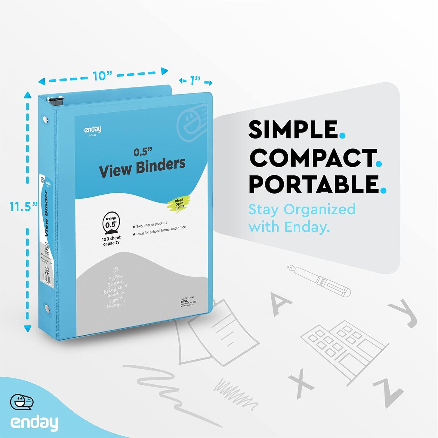 ½ Inch 3 Ring Binder Blue .5 Inch Round Ring Clear View Cover with 2 Inside Pockets Binders, Colored School Supplies Binders, Also Available in Pink, Red, Green, Purple, and Grey (6 PC) – by Enday