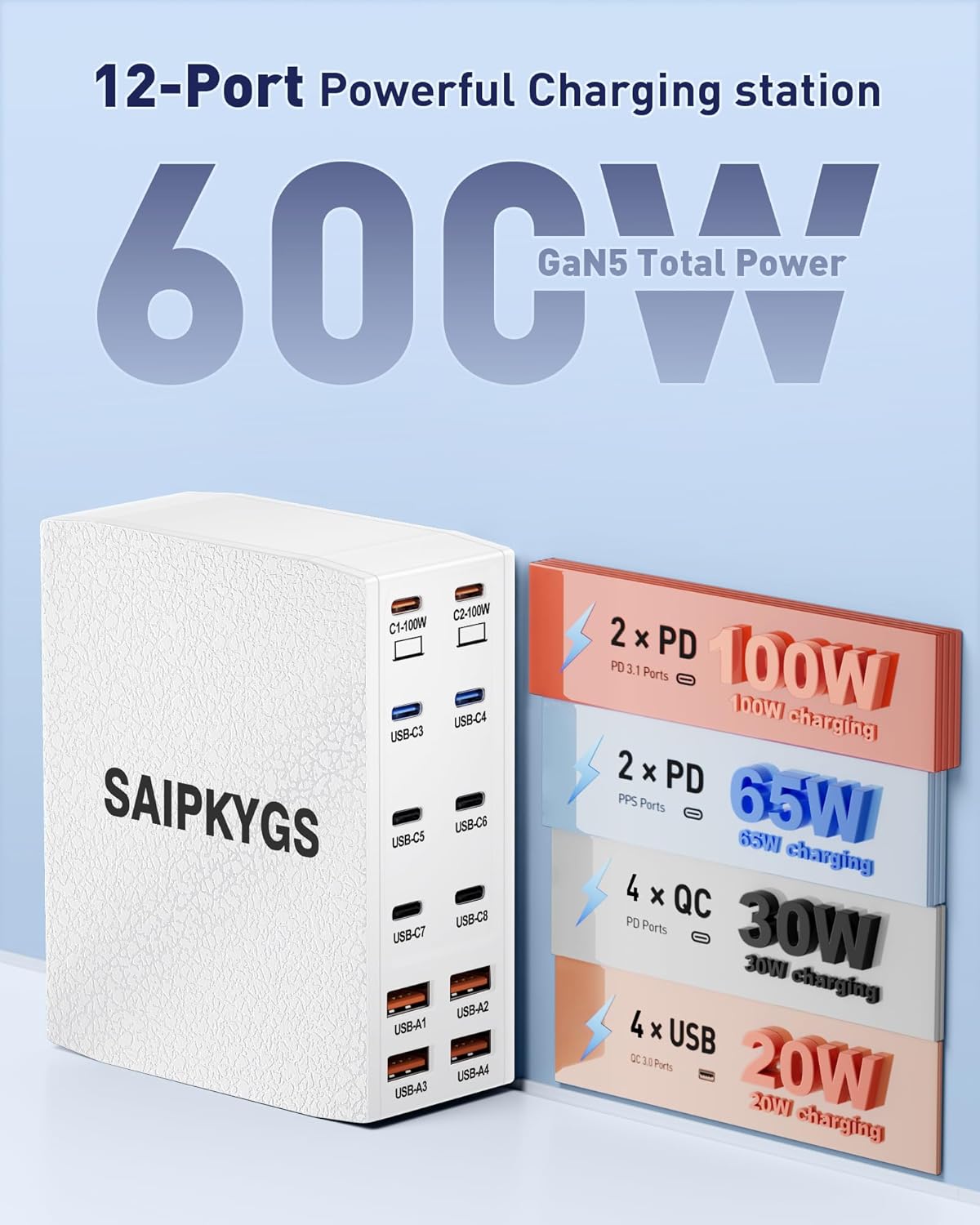 Charging Station (600W),12-Port USB C Charger Block with Dual 100W PD USB-C Fast Charging Station Hub for MacBook Pro/Air/All iPad iPhone 17/16 15/14/13/Pro Max/Samsung Galaxy Note(White)