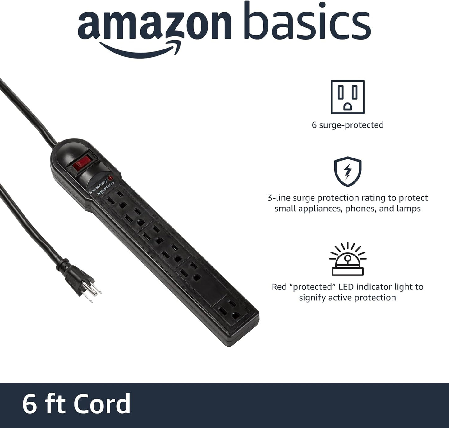 Amazon Basics Surge Protector Power Strip, 6-Outlet, 790 Joules, LED Indicator, 6ft Extension Cord, Black