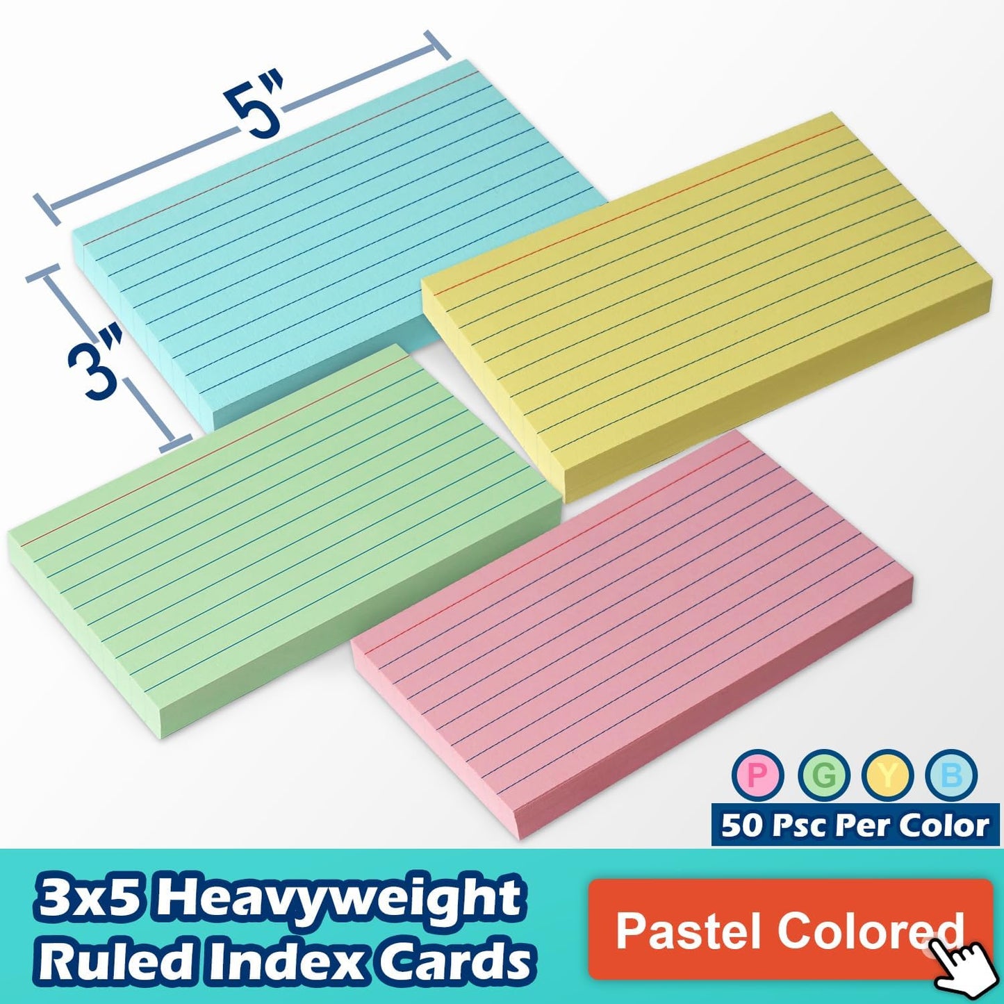 Colored Lined Index Cards 3x5 Ruled Note Cards 200 Count, Pastel Pink Green Yellow Blue, Assorted Colors