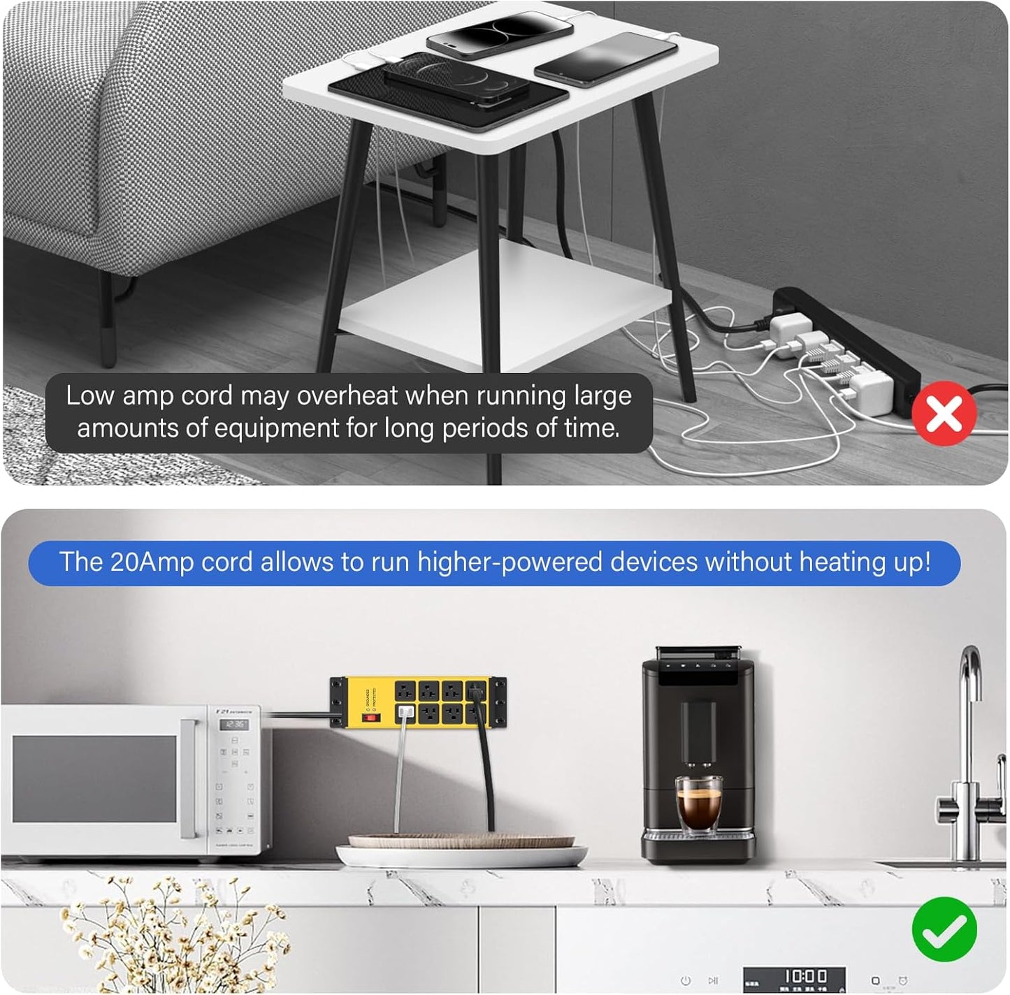 CCCEI 2PCS Heavy Duty Power Strip Surge Protector 20 AMP, 8 Outlets 12 Gauge Shop Garage Metal Multiple Outlets, 10 FT Extension Cord 5-15P Adapter High Amp 6-20R T-Slot 20a for Appliance Yellow.