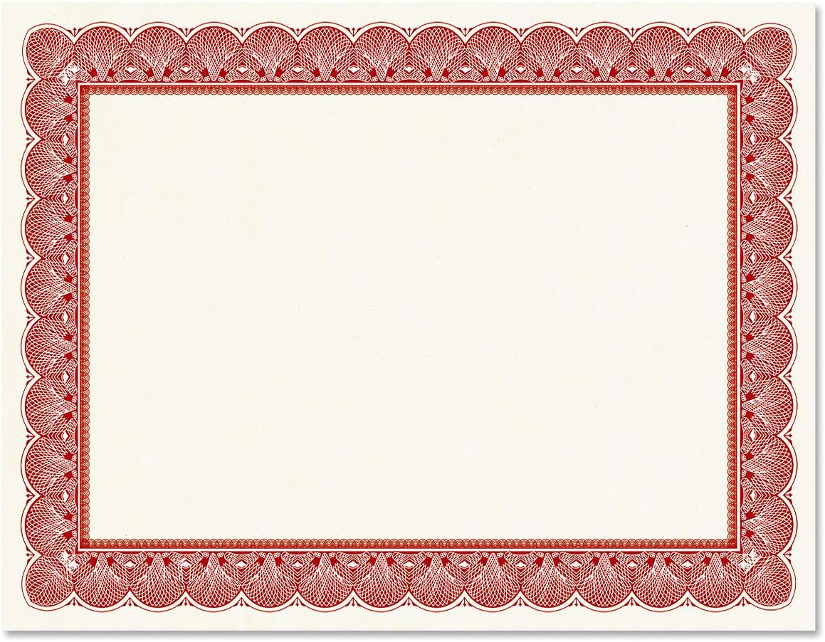 Elite Red & White Parchment Certificate Papers - Pack of 100, Laser & Inkjet Printer Compatible, For Office, Business Awards, Graduation, School Diplomas, 8-1/2" x 11" on 60 lb.Text Stock
