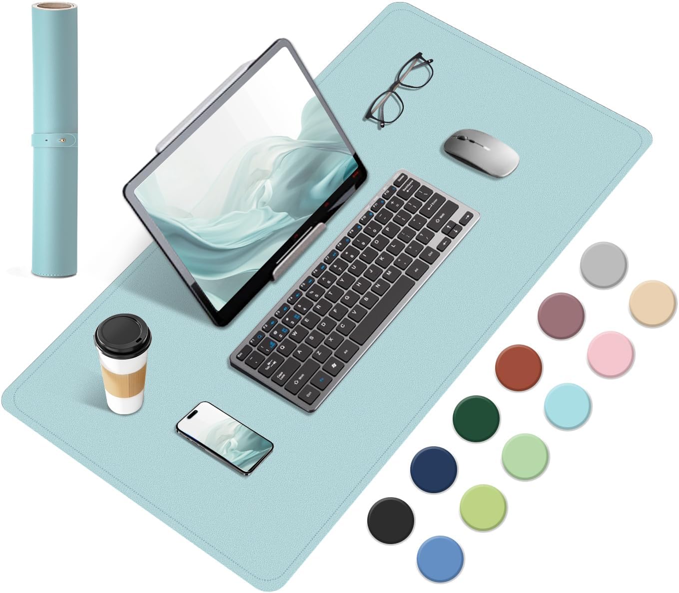 Dual-Sided Desk Pad, Natural Cork & PU Leather Mouse Pad for Desk, Desk Pad Protector, Non-Slip Desk Mat for Office and Home Work, (Light Blue, 23.6" x 13.7")