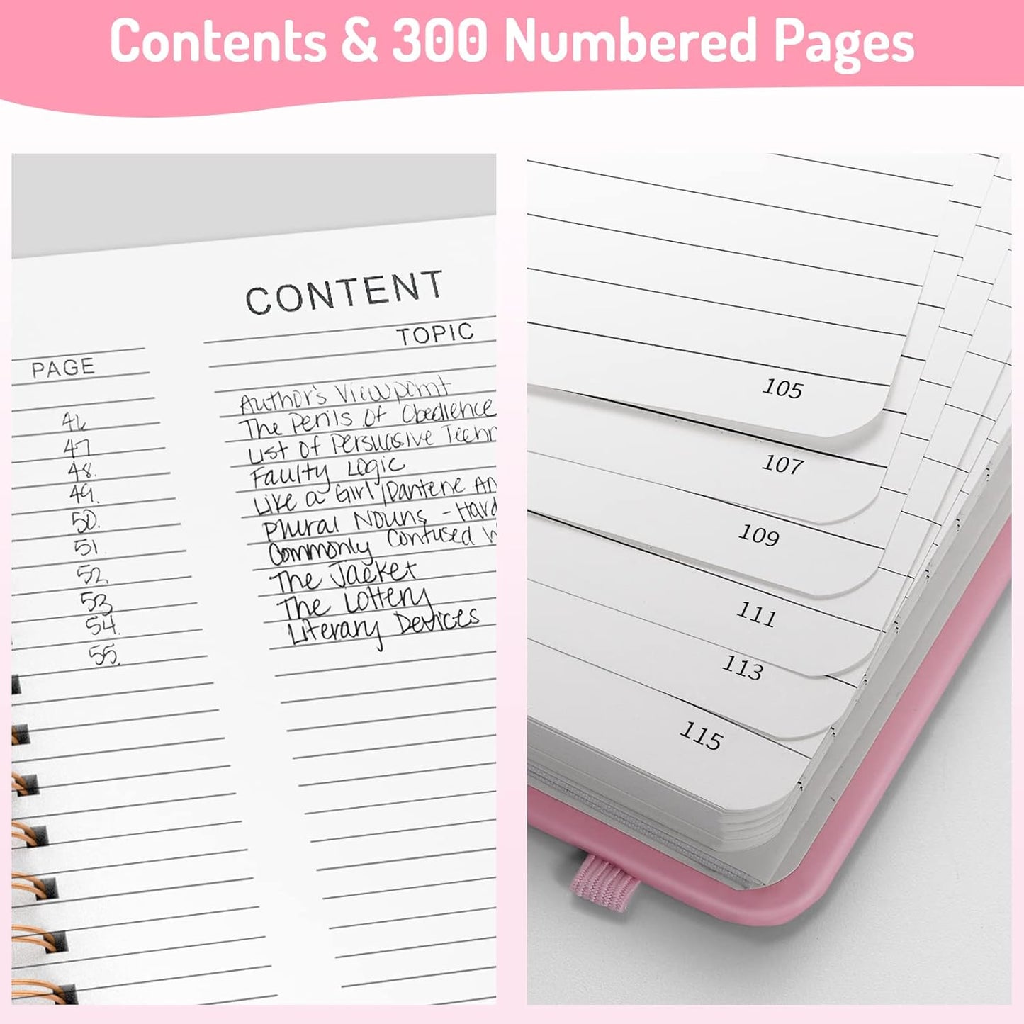 Forvencer A4 Lined Spiral Journal Notebook with 300 Numbered Pages, 11" X 8.5" Thick Journals for Writing with 100GSM Paper, Hardcover Notebooks with Contents for Work, School, Pink