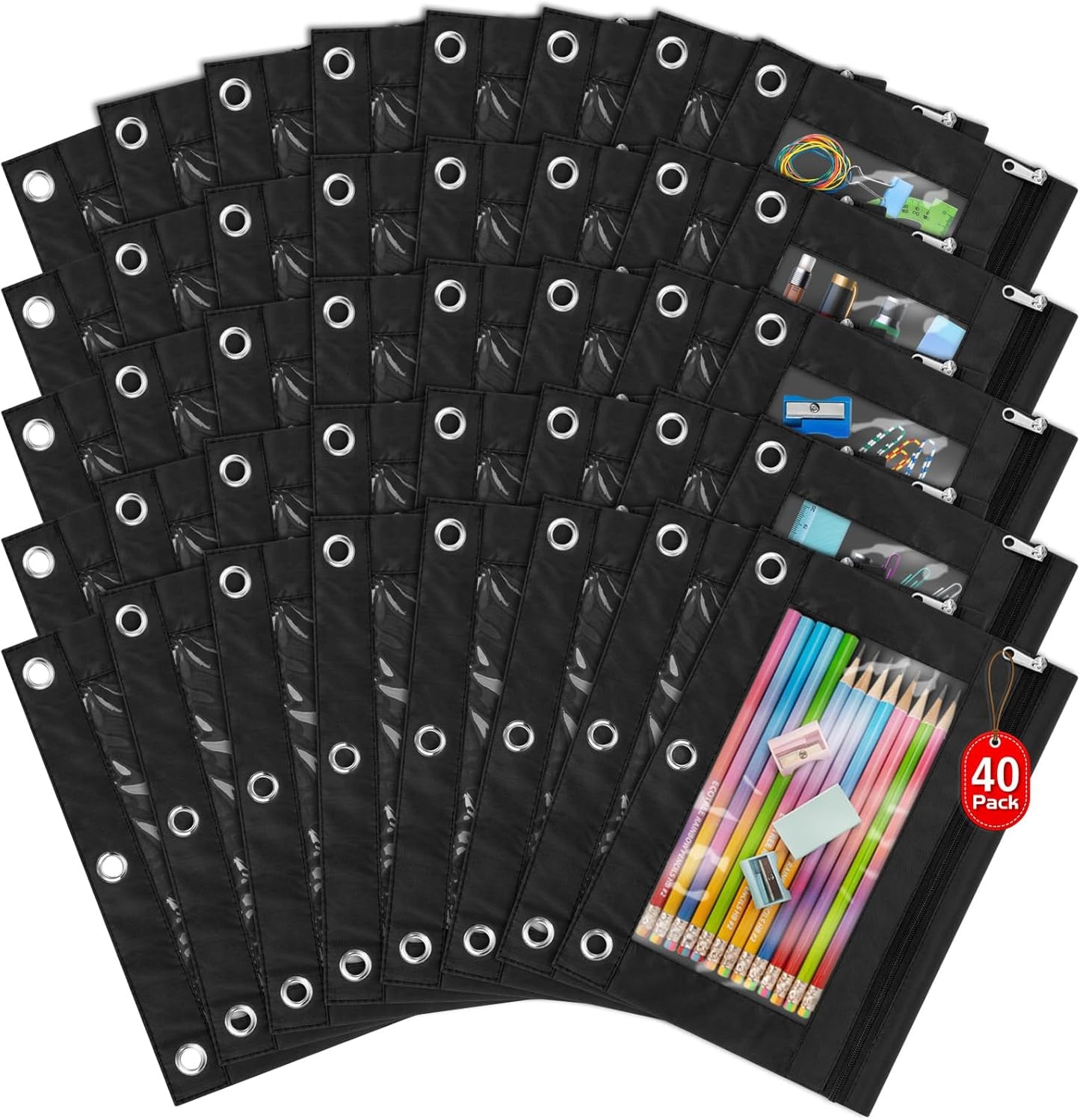 IKAYAS 40 Pack Black Pencil Pouch for 3 Ring Binder Colorful Pencil Pouch with Zipper Bulk, 3 Ring Binder Pencil Pouches Pencil Case Pencil Bags for Classroom Storing School Teacher Supplies