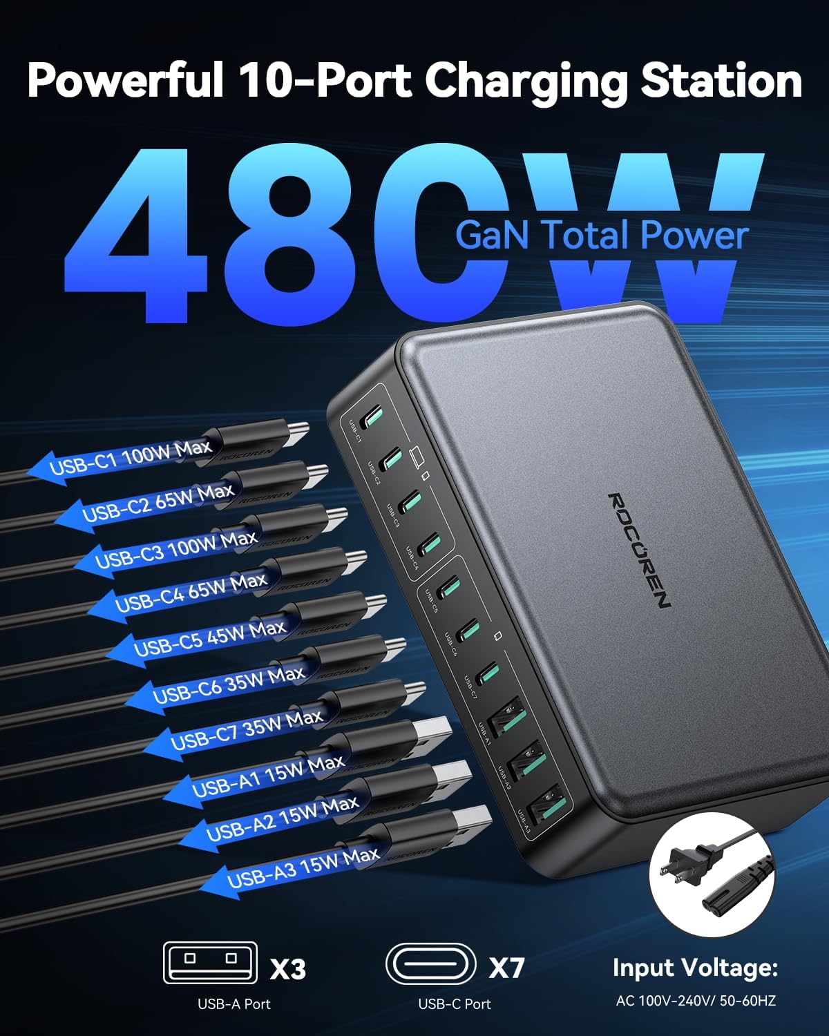 480W USB C Charger Block, Rocoren 10-Ports USB C Charging Station for Multiple Devices,PD 100W Type c Gan Fast Charger Station Multi USBC Charging Hub for Laptop MacBook HP iPad iPhone Samsung