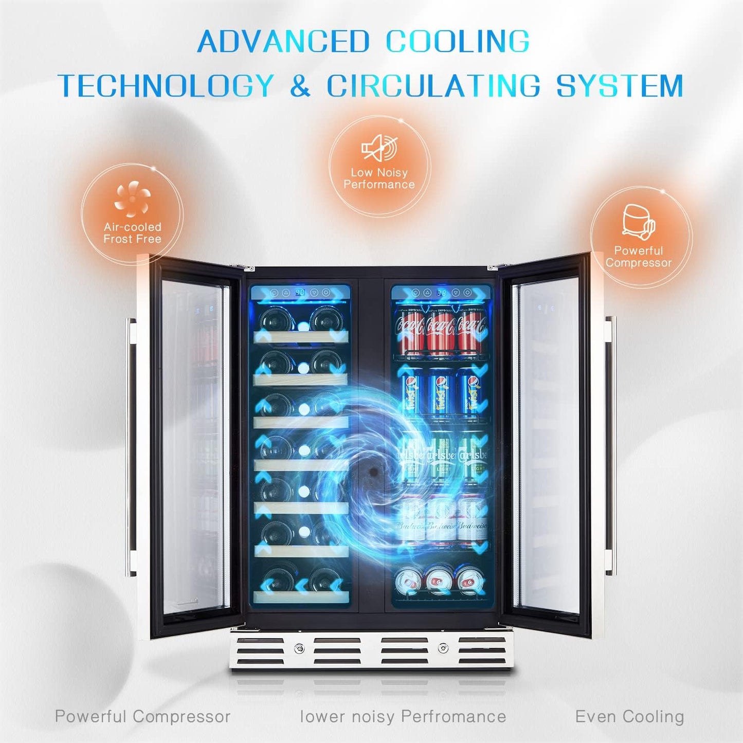 24 Inch Wine and Beverage Fridge, Wine Refrigerator Dual Zone Hold 20 Bottles and 78 Cans,Built-In or Freestanding Digital Touch Control
