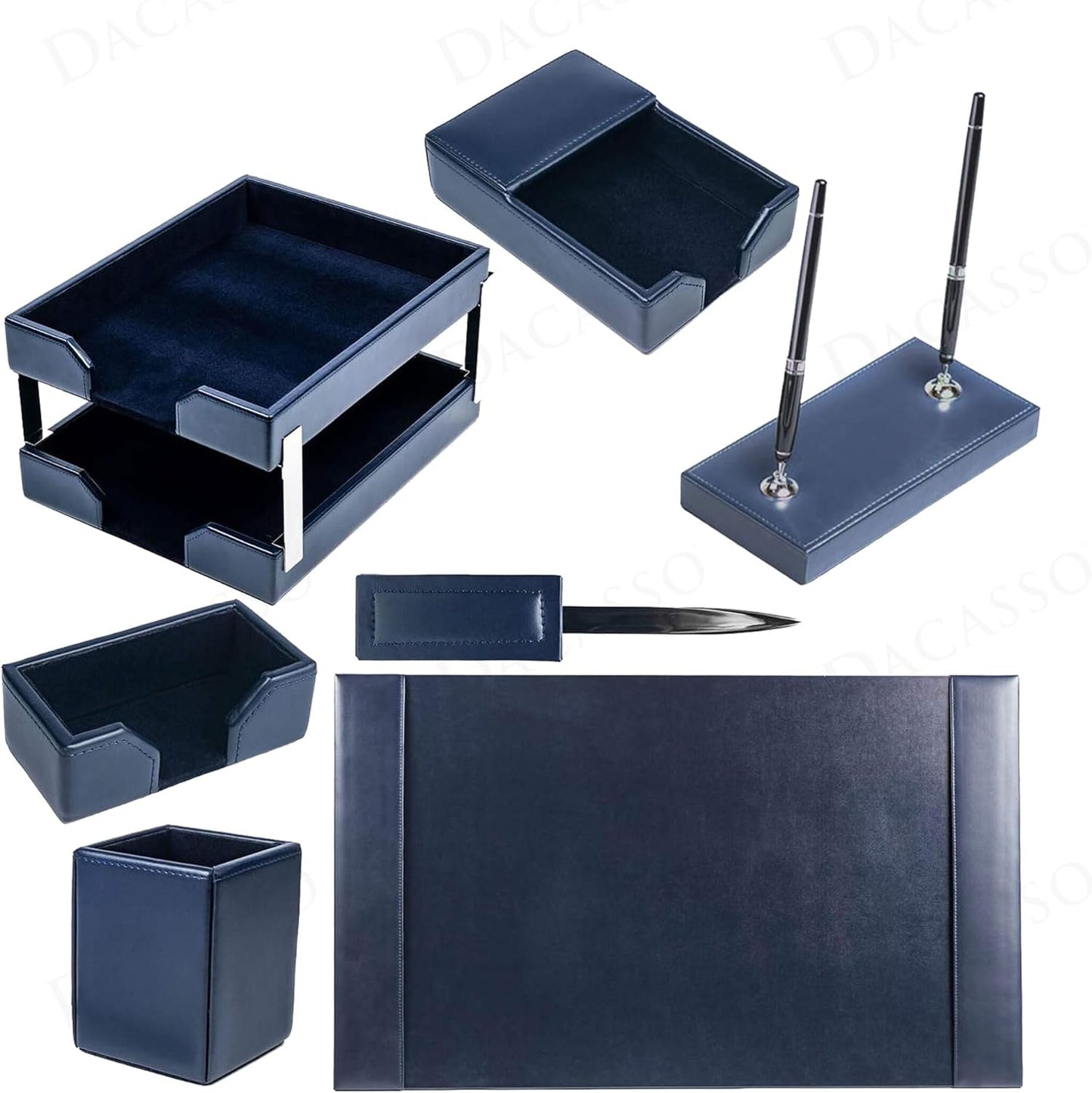 Dacasso Navy Blue Bonded Leather Luxury 9-Piece Desk Set - Blotter Pad & Desk Organization Essentials - Executive Decor and Surface Protector