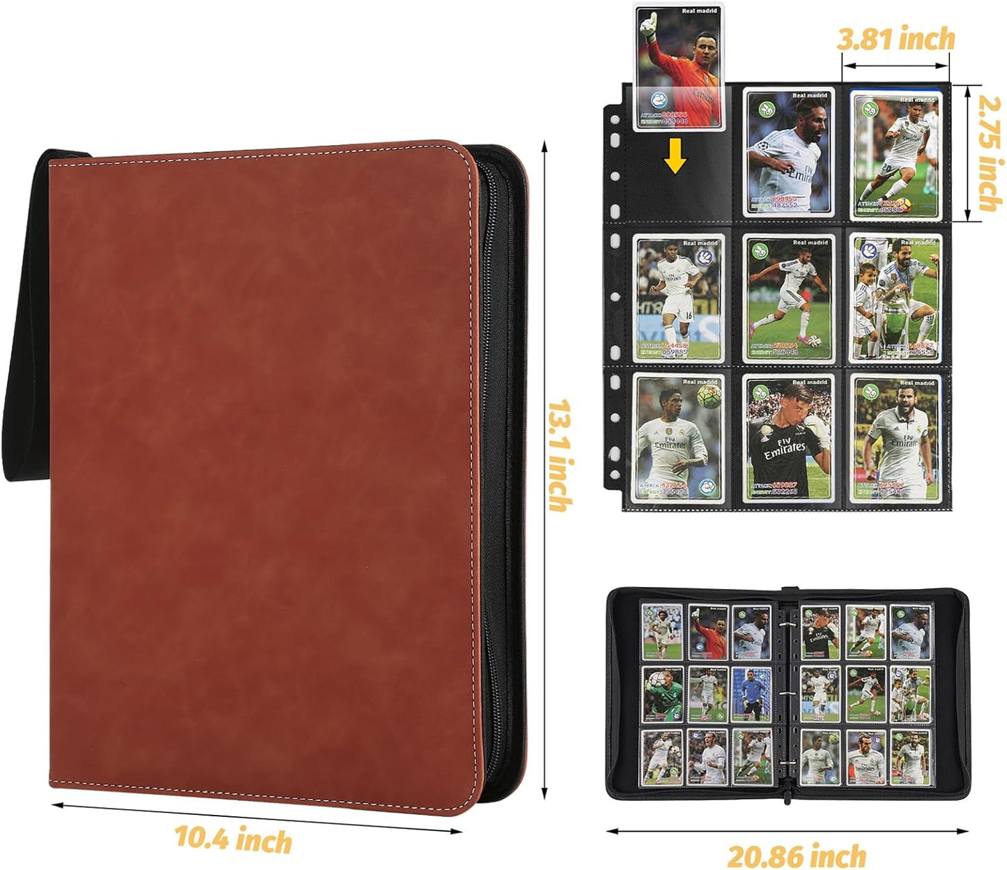 9 Pocket Card Binder, Premium Zip Trading Card Binder, 720 Double Sided Pocket PU Card Collection Binder, Collector Card Album, Card Folder for MTG, TCG, Sports Cards, Game Cards (Brown1)