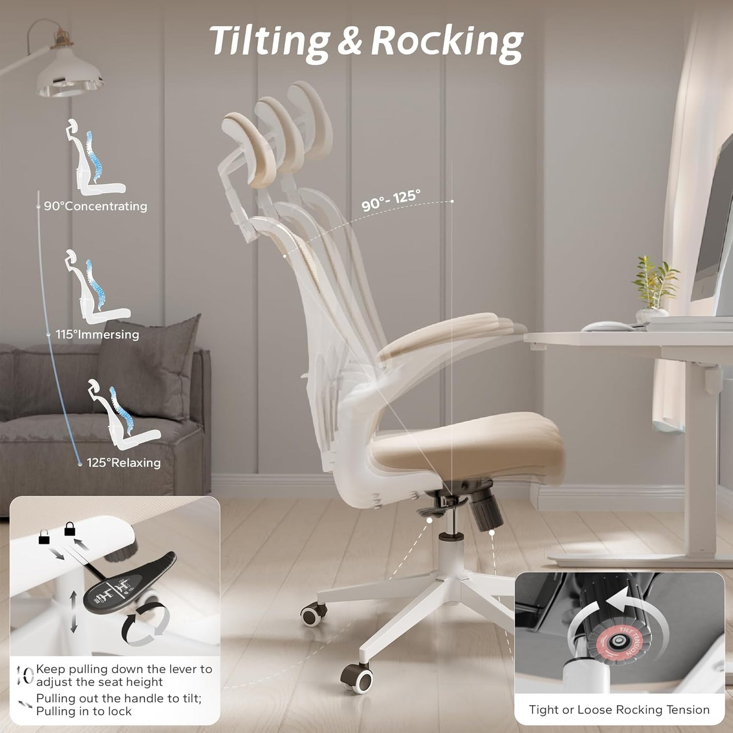 Ergonomic Office Chair with Adjustable Flip-Up Armrests & Lumbar Support - Thickened Cushion Desk Chair with Wheels, Comfy Home Office Computer Chair