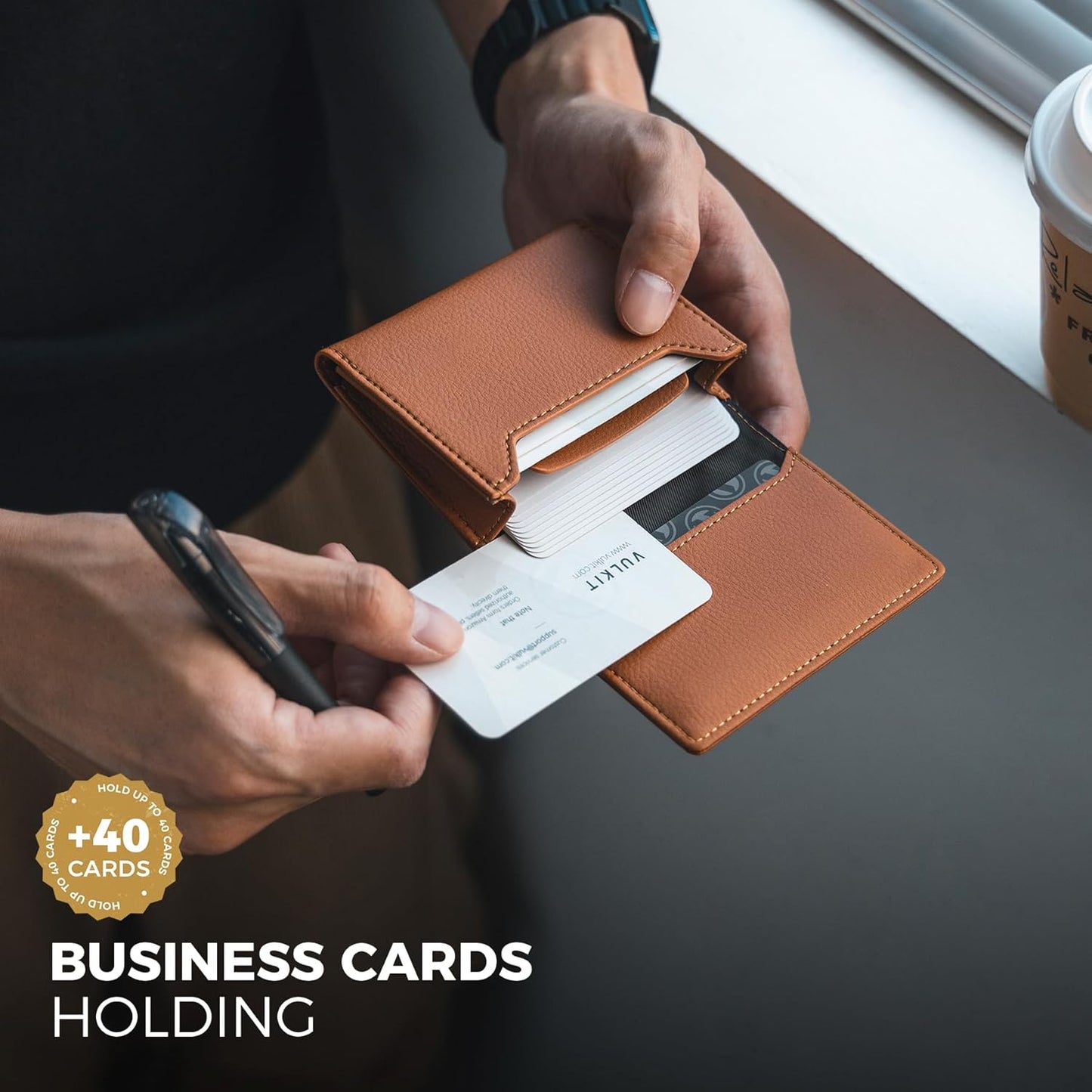 Real Leather Business Card Holder Premium RFID Blocking Card Case with ID Window and Magnetic Closure Holds Up to 40 Business Cards (Grain Brown)