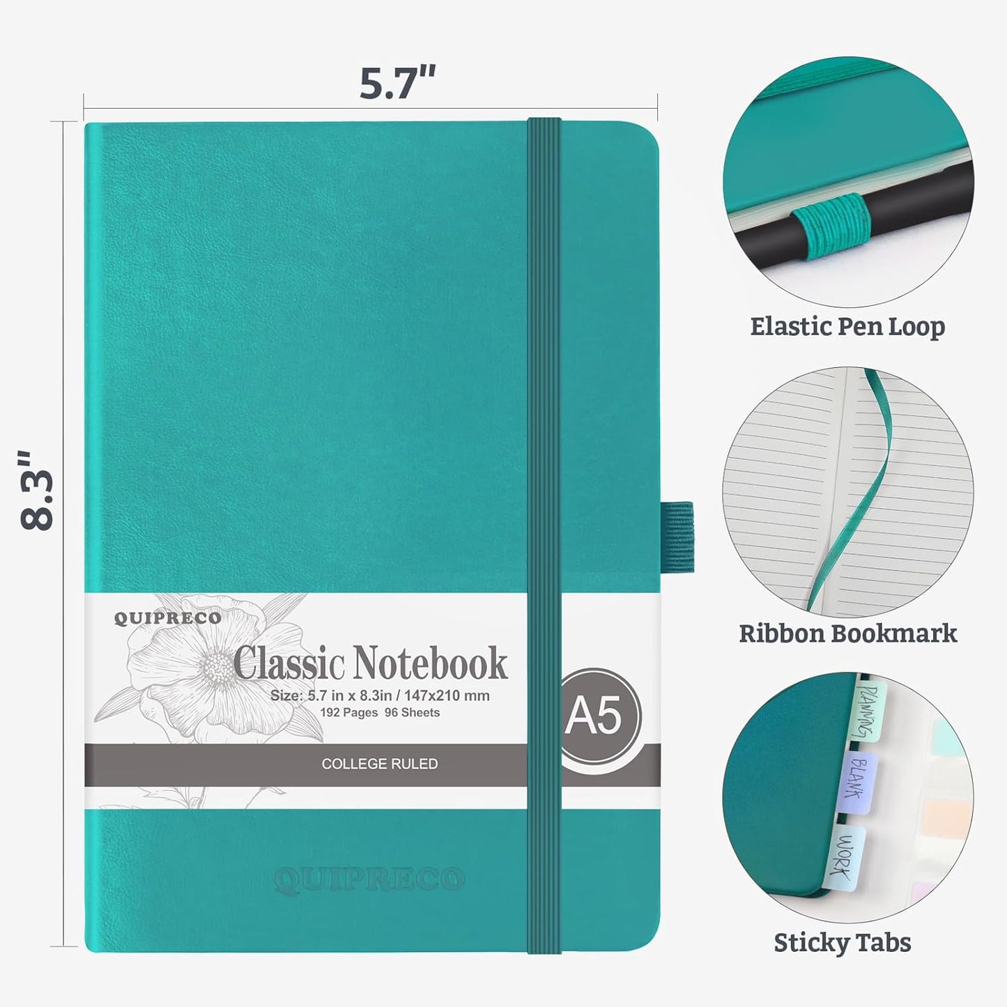 2Pack Lined Hardcover Journal Notebook, A5 192 Pages 100Gsm Thick Paper College Ruled for School,Note Taking,Work,Diary，5.7"*8.3",Turquoise