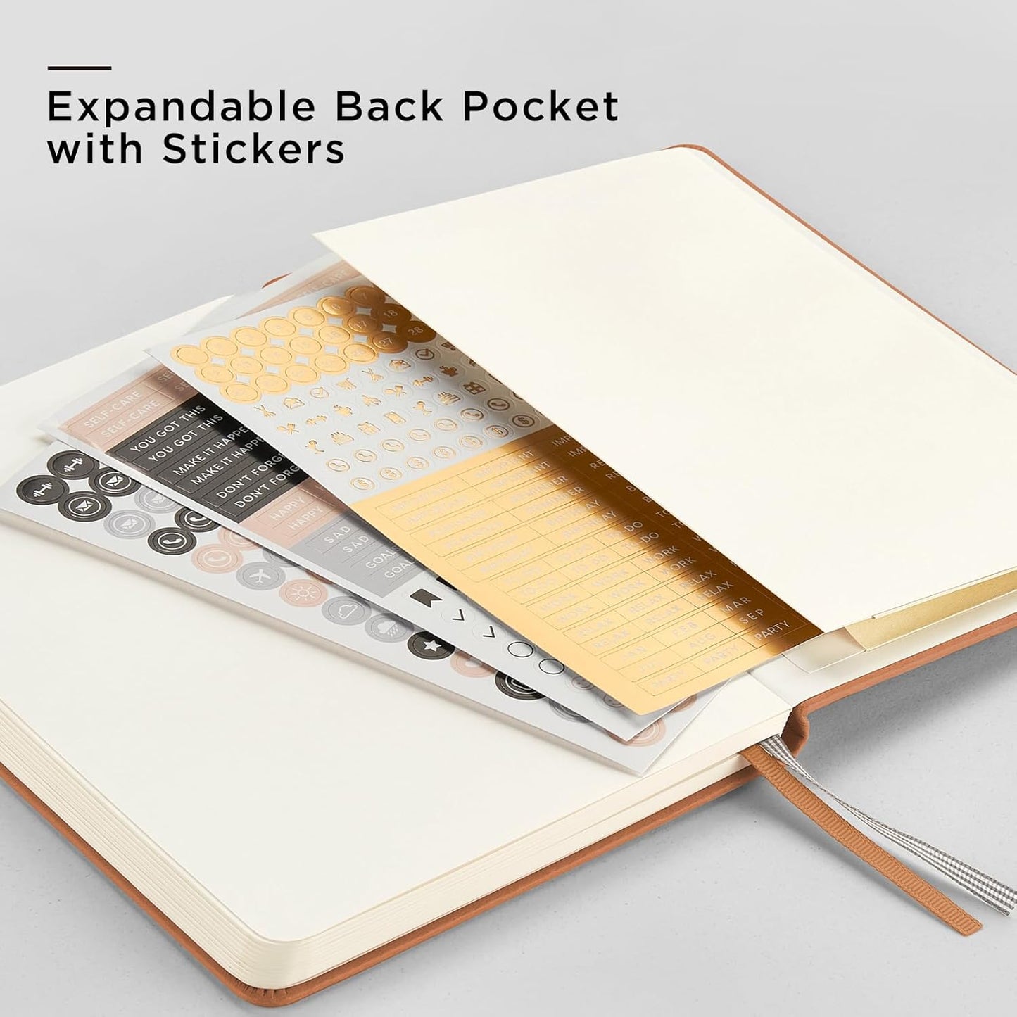 &And Per Se Dotted Journal Notebook, A5 Hardcover Leather Journal, 160 Pages 100 gsm Thick Dotted Paper，3 Sheets of Stickers Included - 5.7'' x 8''(Light Brown)