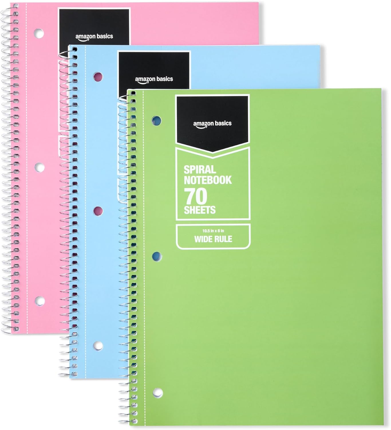 Amazon Basics Wide Ruled Spiral Notebook, 70 Sheets, 7-1/2" x 10-1/2", 3 pack, Assorted Pastel Solid Colors