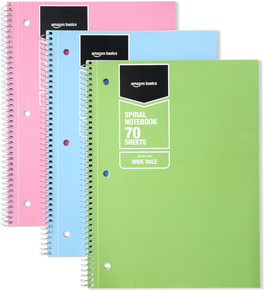 Amazon Basics Wide Ruled Spiral Notebook, 70 Sheets, 7-1/2" x 10-1/2", 3 pack, Assorted Pastel Solid Colors