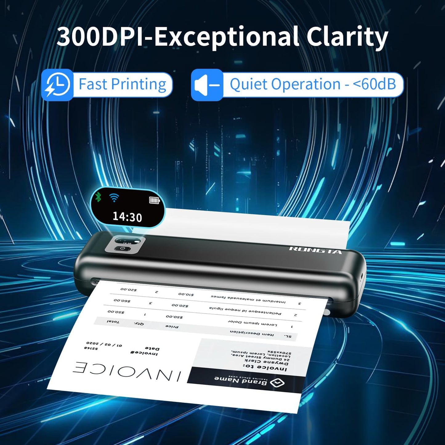 Rongta Portable Printers Wireless for Travel, 300DPI WiFi & Bluetooth Mobile Thermal Inkless Printer for School/Office/Home Use, Compatible with Android,iOS & Laptop,Black (F82)