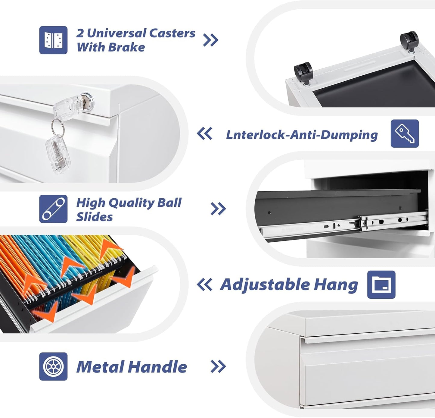 Rolling File Cabinet with Lock, 3 Drawer Metal Mobile Filing Cabinet for Legal/Letter Size, Fully Assembled Except Casters,White