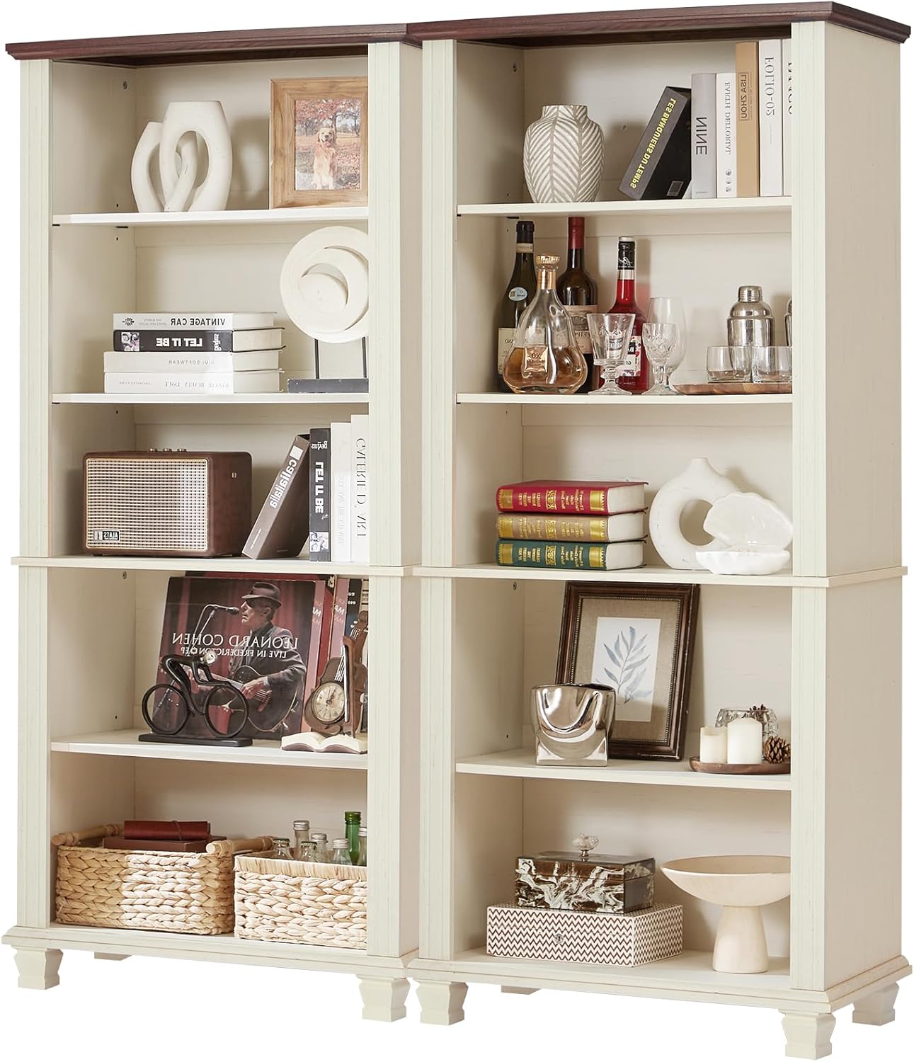 70" Tall White Bookshelf,5 Tier Wood Book Shelf with Adjustable Shelves & Wood Legs,Free Standing Farmhouse Bookcase with Open Display Storage,Vintage Kids Bookshelves for Nursery,2PCS