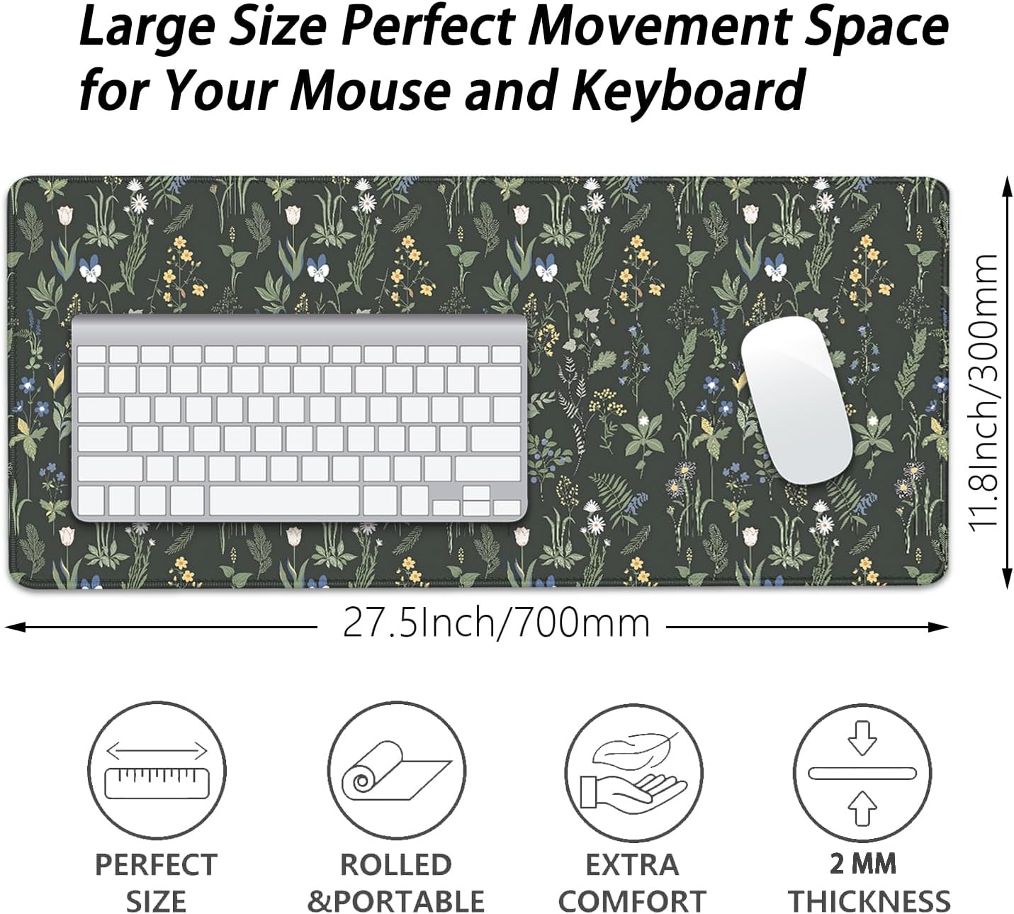 Green Plants Flowers Desk Pad Mouse Pad,Large Floral Mouse Mat with Stitched Edges,Non-Slip Rubber Base Elegant Mousepad for Office PC Keyboard Laptop and Home Work Desk Mat(27.5X11.8 in)