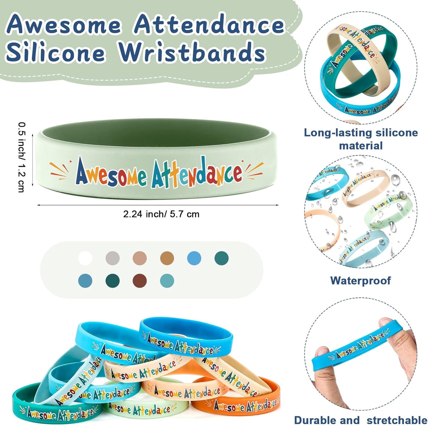 60 Pcs Awesome Attendance Wristbands for Students, Perfect Attendance Awards for Classroom Prizes, Unisex Stretch Silicone Motivational Wristbands for Student from Teacher Classroom Prizes