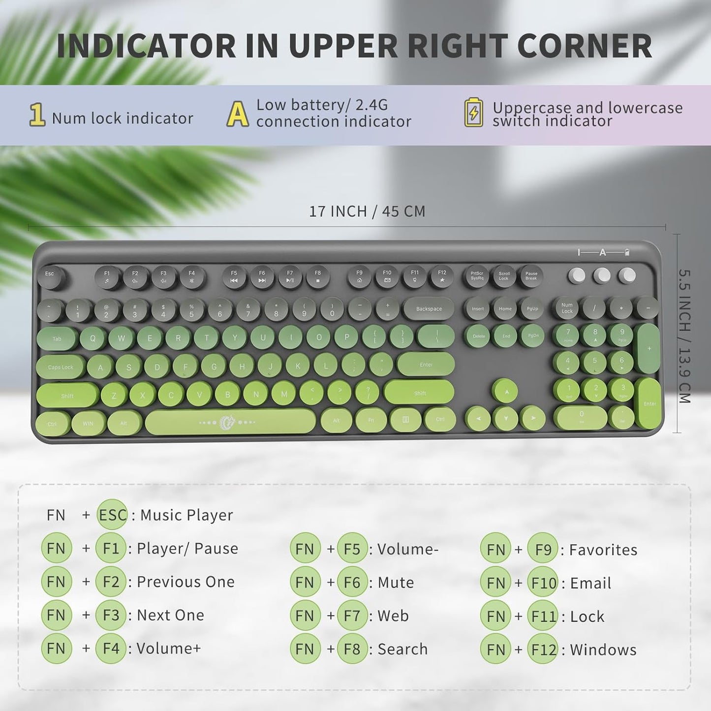 FOPETT Wireless Keyboard and Mouse Combo - 2.4G Full-Sized Cute Colorful Mouse and Keyboard with 104 Round Keys Retro Typewriter Keyboard for Laptop/Windows/PC - Green Gradient