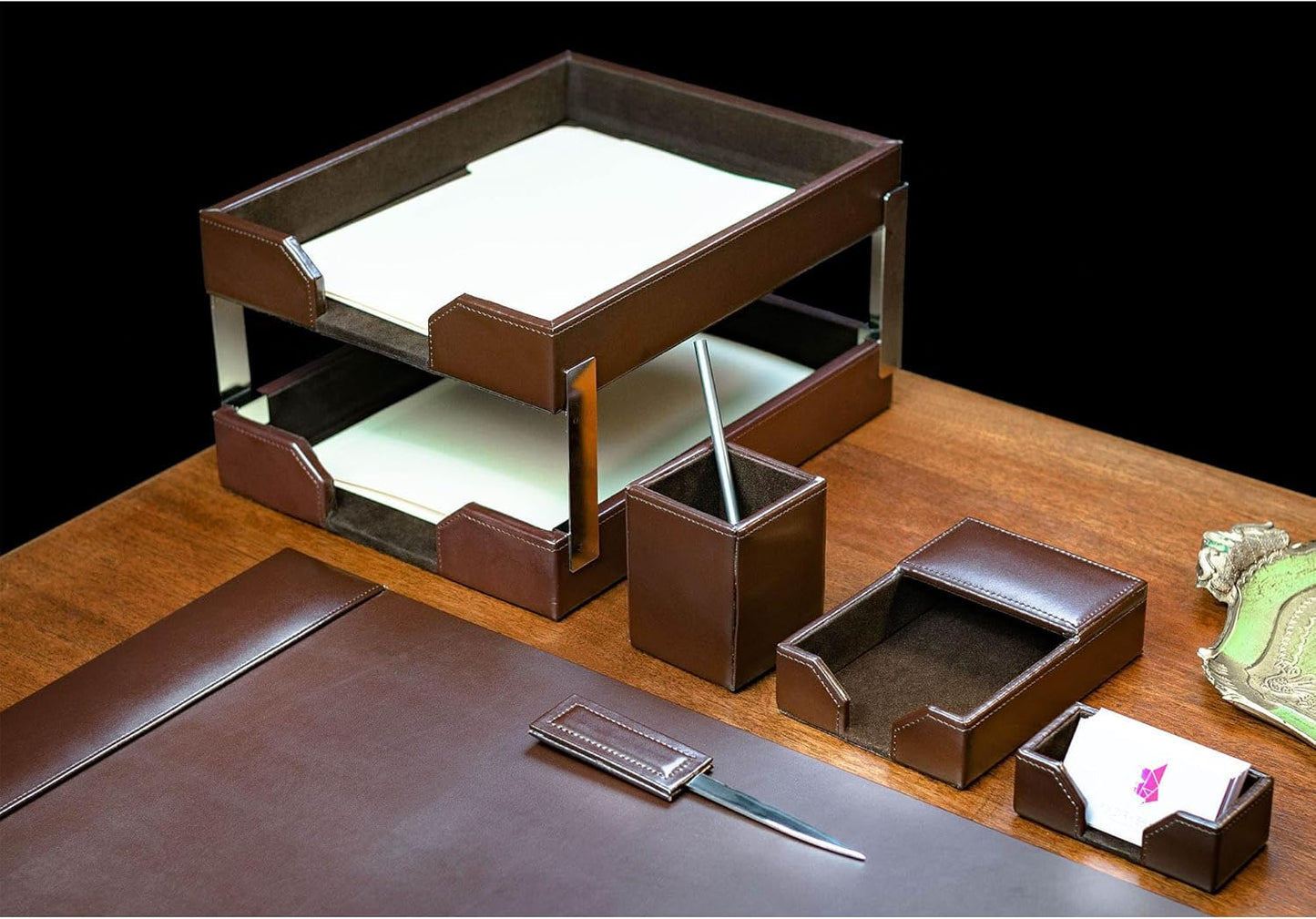 Dacasso Dark Brown Bonded Leather 8-Piece Desk Accessory Set - Organization Essentials & Executive Decor - Luxury Leather Blotter for Office Organization