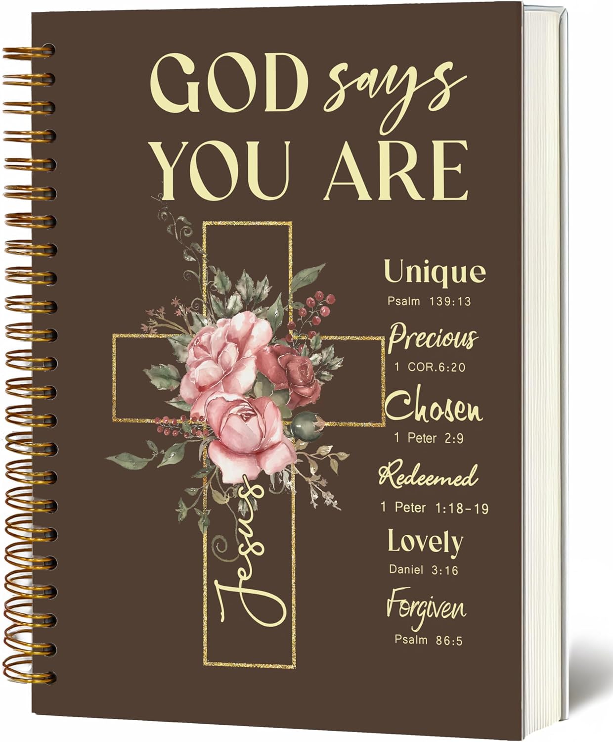 Bible Notebook, A5 Spiral Christian Journal with Floral Notebook, Bible Verse-God Says You Are, Inspirational Notebooks for Women, Bible Study, Gift for Birthday Christmas, Office Supplies (Brown)