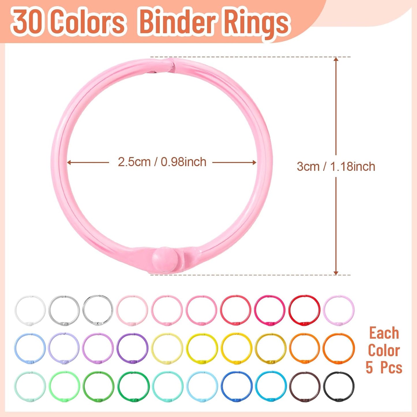 150 Pcs Loose Leaf Binder Rings Colorful Book Rings Metal Notebook Paper Flash Cards Keychain for Index Cards Students Teachers Workers School Office, 1 Inch, 30 Colors